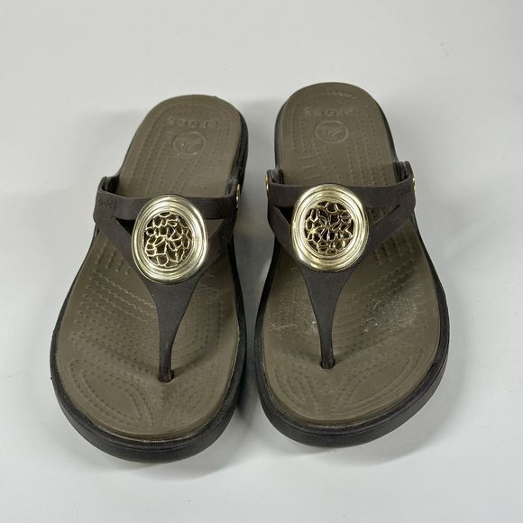 Crocs Sanrah Navy Grey Gold Medallion Circle Sandals Shoes Women's Size 6 - Picture 3 of 16